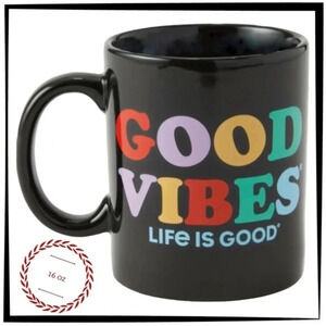 Life Is Good Good Vibes Black Mug 16 oz Colorful Quote Ceramic Coffee Cup BNIB